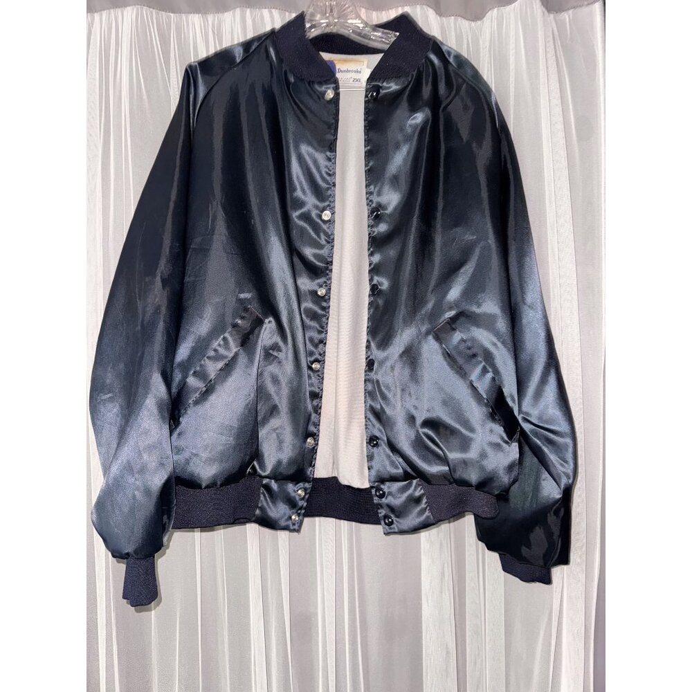 Vintage Dunbrooke Pla-Jac Navy Satin Bomber Jacket 2XL Family Service Associatio - Picture 1 of 5